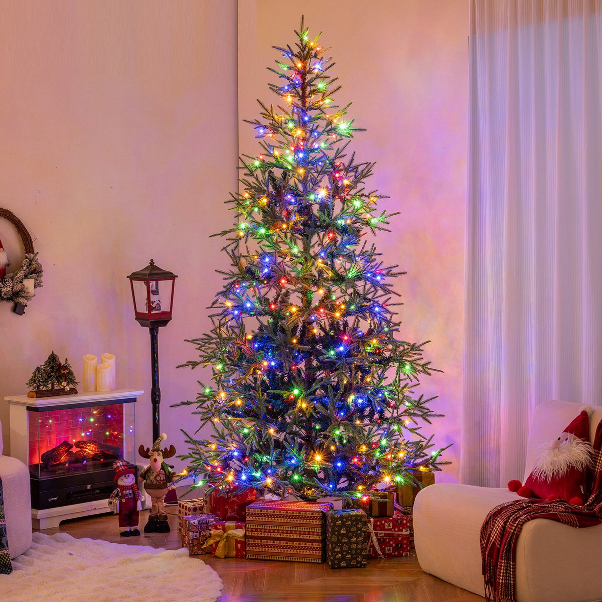 8 FT Pre-Lit Artificial Christmas Tree Hinged Xmas Tree with 400 Warm White & Multicolored LED Lights view 2