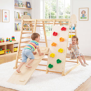 8-in-1 Foldable Indoor Jungle Gym for Kids with Swing and Monkey Bars-Natural view 3