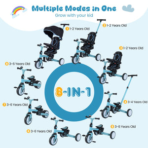8-in-1 Folding Kids Tricycle with Removable Canopy and Push Handle-Blue view 4