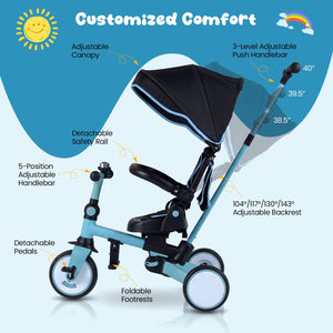 8-in-1 Folding Kids Tricycle with Removable Canopy and Push Handle-Blue view 5