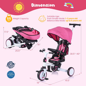 8-in-1 Folding Kids Tricycle with Removable Canopy and Push Handle-Pink view 3