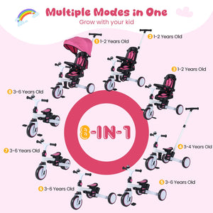 8-in-1 Folding Kids Tricycle with Removable Canopy and Push Handle-Pink view 4