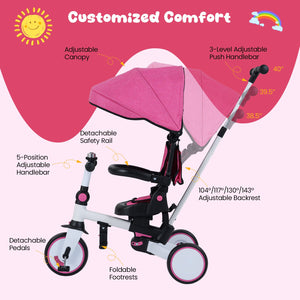 8-in-1 Folding Kids Tricycle with Removable Canopy and Push Handle-Pink view 5