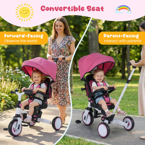 8-in-1 Folding Kids Tricycle with Removable Canopy and Push Handle-Pink view 9