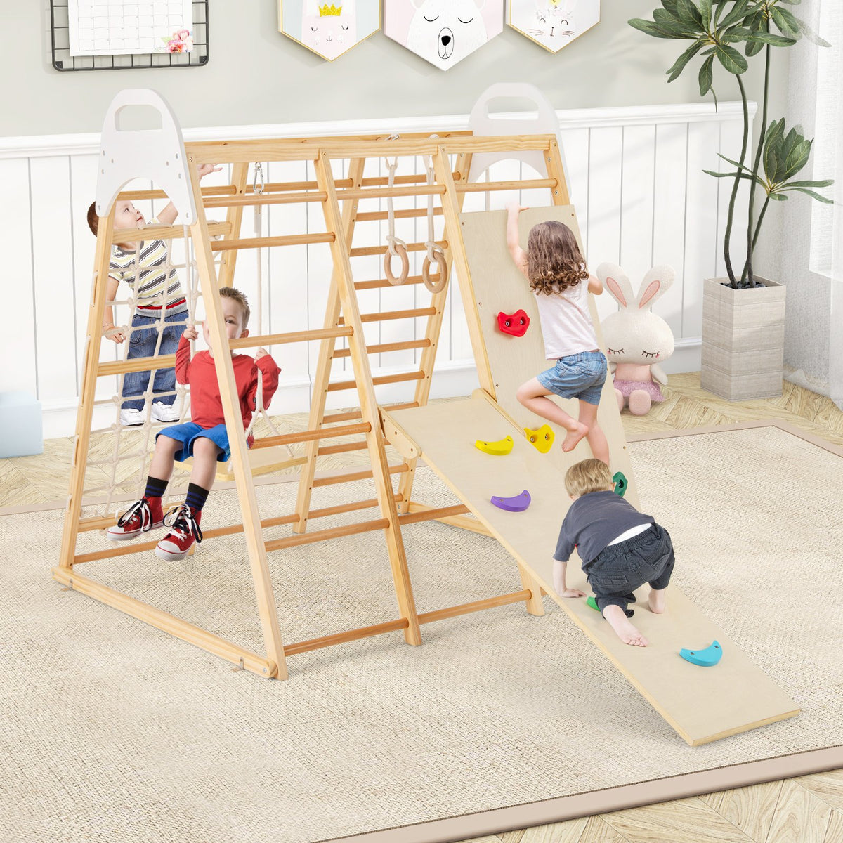 8-in-1 Wooden Jungle Gym Playset with Slide and Monkey Bars-Natural view 2