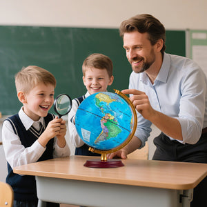8 Inch Illuminated World Globe Night Light up Globe Lamp with Wooden Stand and HD Map-Blue view 2