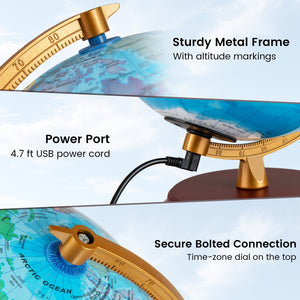 8 Inch Illuminated World Globe Night Light up Globe Lamp with Wooden Stand and HD Map-Blue view 8