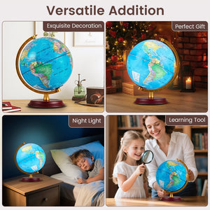 8 Inch Illuminated World Globe Night Light up Globe Lamp with Wooden Stand and HD Map-Blue view 9