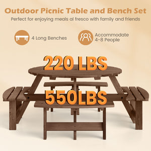 8-Person Round Picnic Table Set Circular Patio Dining Camping Table with Benches-Brown view 8