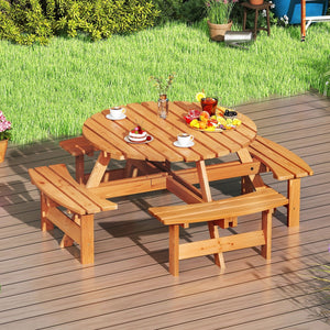 8-Person Round Picnic Table Set Circular Patio Dining Camping Table with Benches-Yellow view 2