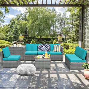 8 Piece Wicker Sofa Rattan Dinning Set Patio Furniture with Storage Table-Turquoise view 2