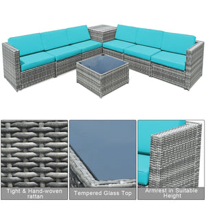 8 Piece Wicker Sofa Rattan Dinning Set Patio Furniture with Storage Table-Turquoise view 5