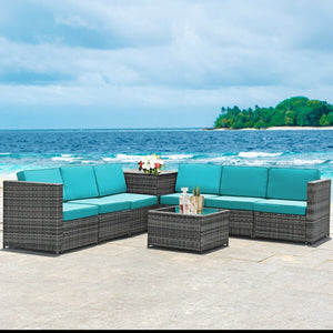 8 Piece Wicker Sofa Rattan Dinning Set Patio Furniture with Storage Table-Turquoise view 6