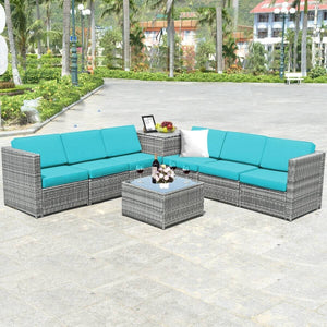 8 Piece Wicker Sofa Rattan Dinning Set Patio Furniture with Storage Table-Turquoise view 7