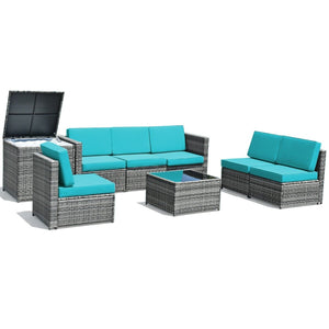 8 Piece Wicker Sofa Rattan Dinning Set Patio Furniture with Storage Table-Turquoise view 9