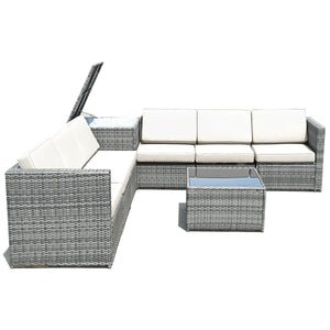 8 Piece Wicker Sofa Rattan Dinning Set Patio Furniture with Storage Table-White view 8