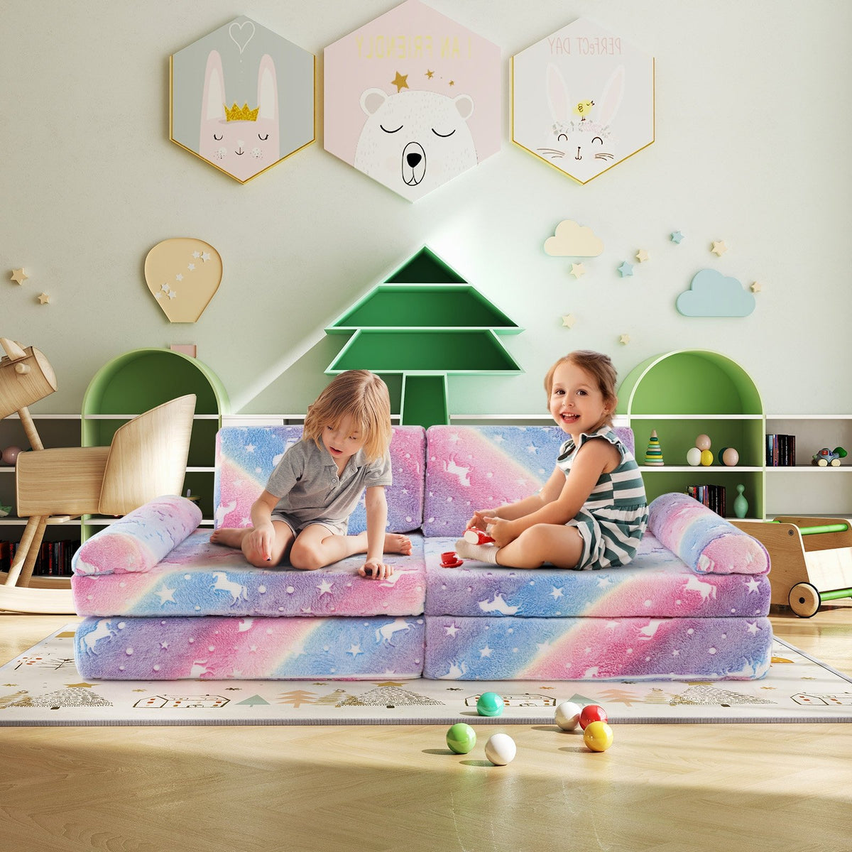 8 Pieces Modular Kids Play Couch Glow in the Dark Toddler Sectional Sofa-Multicolor view 2