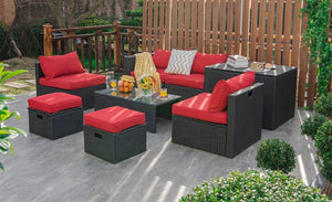 8 Pieces Patio Rattan Storage Table Furniture Set-Red view 2