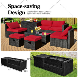8 Pieces Patio Rattan Storage Table Furniture Set-Red view 3