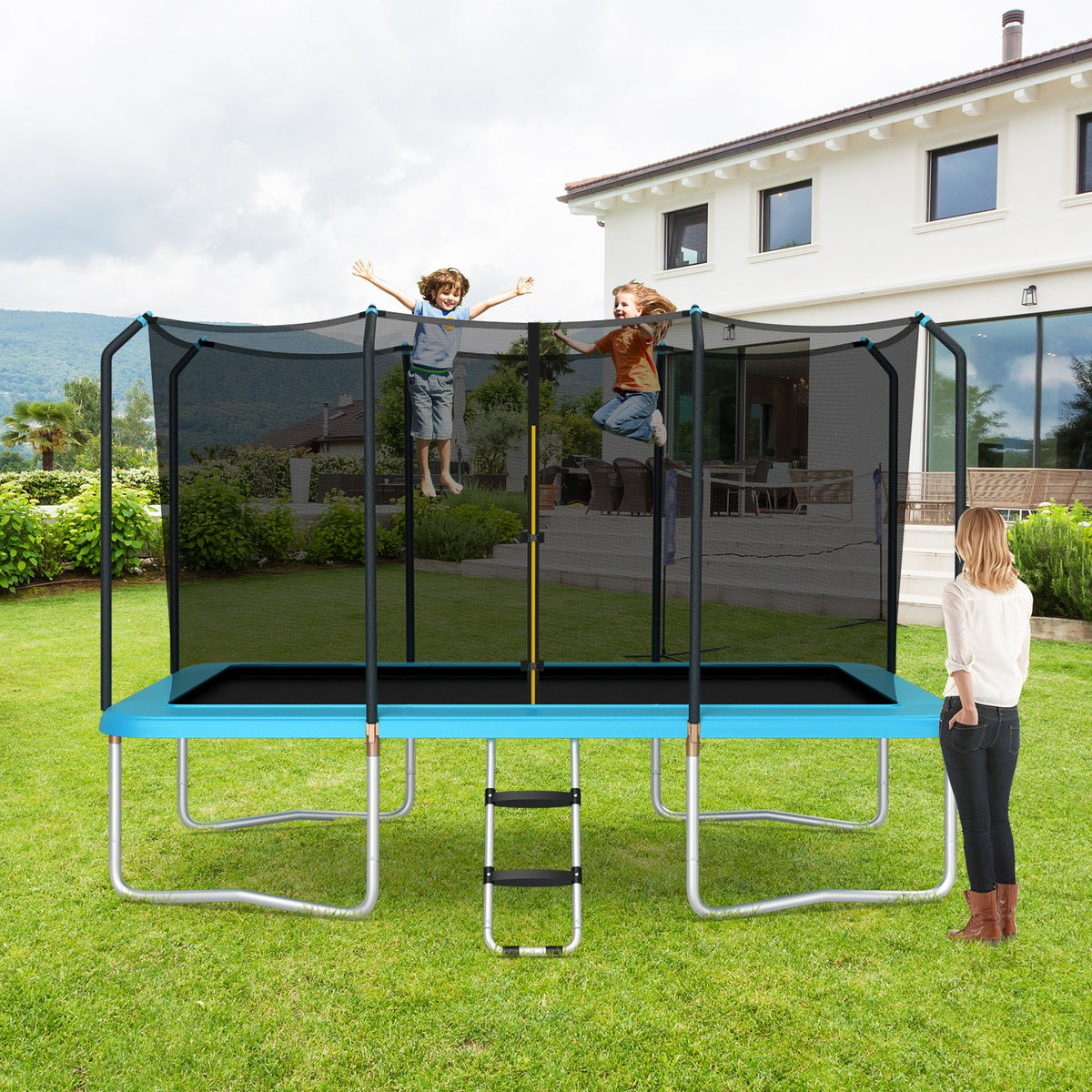 8 x 14 Feet Rectangular Recreational Trampoline with Safety Enclosure Net and Ladder-Blue view 2