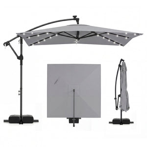 8 x 8 Square FT Solar LED Offset Cantilever Patio Umbrella with 360° Rotation-Gray