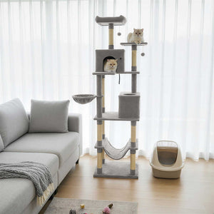 80 Inches Tall Cat Tree with 2 Large Condos and Dangling Toys-Light Gray view 3