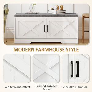 Shoe Bench with Cushion Shoe Storage Bench with Doors Adjustable Shelves for Entryway, White