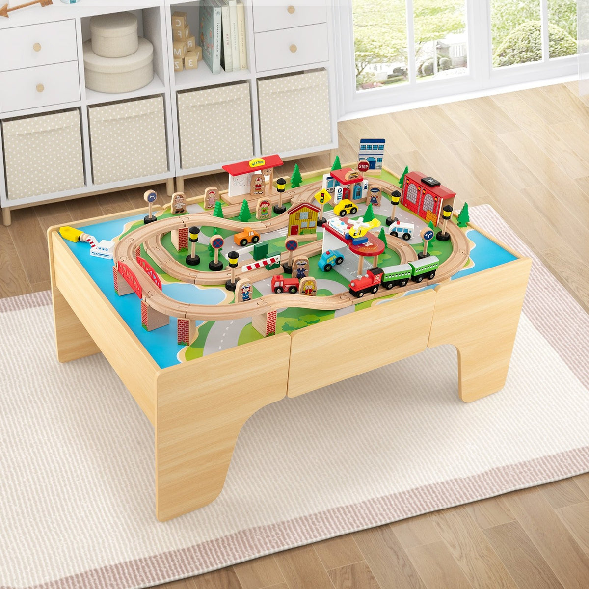84-Piece Wooden Train Set with Reversible and Detachable Tabletop view 2