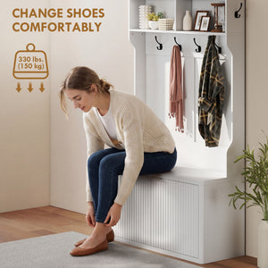 4-In-1 Hall Tree with Shoe Bench, Modern Coat Rack with Open Shelf for Hallway, Entryway, Bedroom, Living Room, White