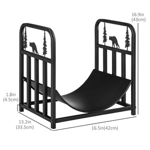 Curved Firewood Rack with Bear and Pine Tree Design, 17 Inch Log Holder Storage Rack with 110 lbs. Capacity, Black