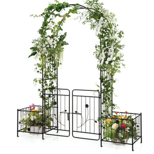 87 Inches Garden Arbor with Lockable Gate Side Planters-Black view 4