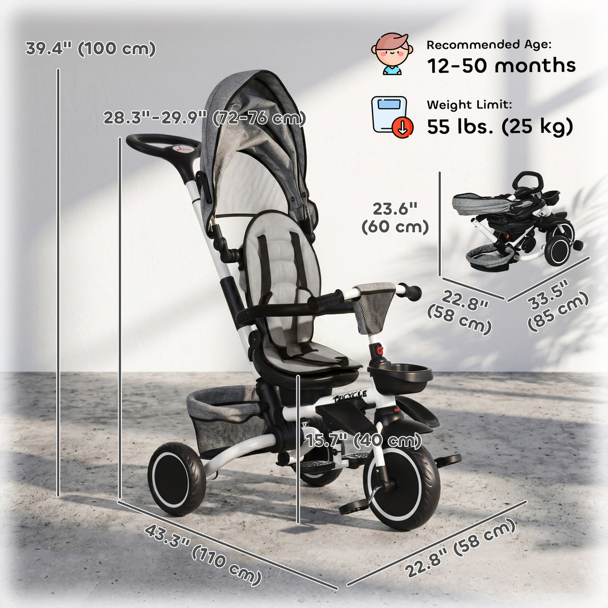 Aosom Tricycle for Toddler 6-in-1 Kids Trike, Foldable Converts Stroller to Baby Push Bike, Adjustable Backrest with Detachable Guardrail & Handle, Brake for 1-4 Years Old