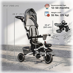 Aosom Tricycle for Toddler 6-in-1 Kids Trike, Foldable Converts Stroller to Baby Push Bike, Adjustable Backrest with Detachable Guardrail & Handle, Brake for 1-4 Years Old