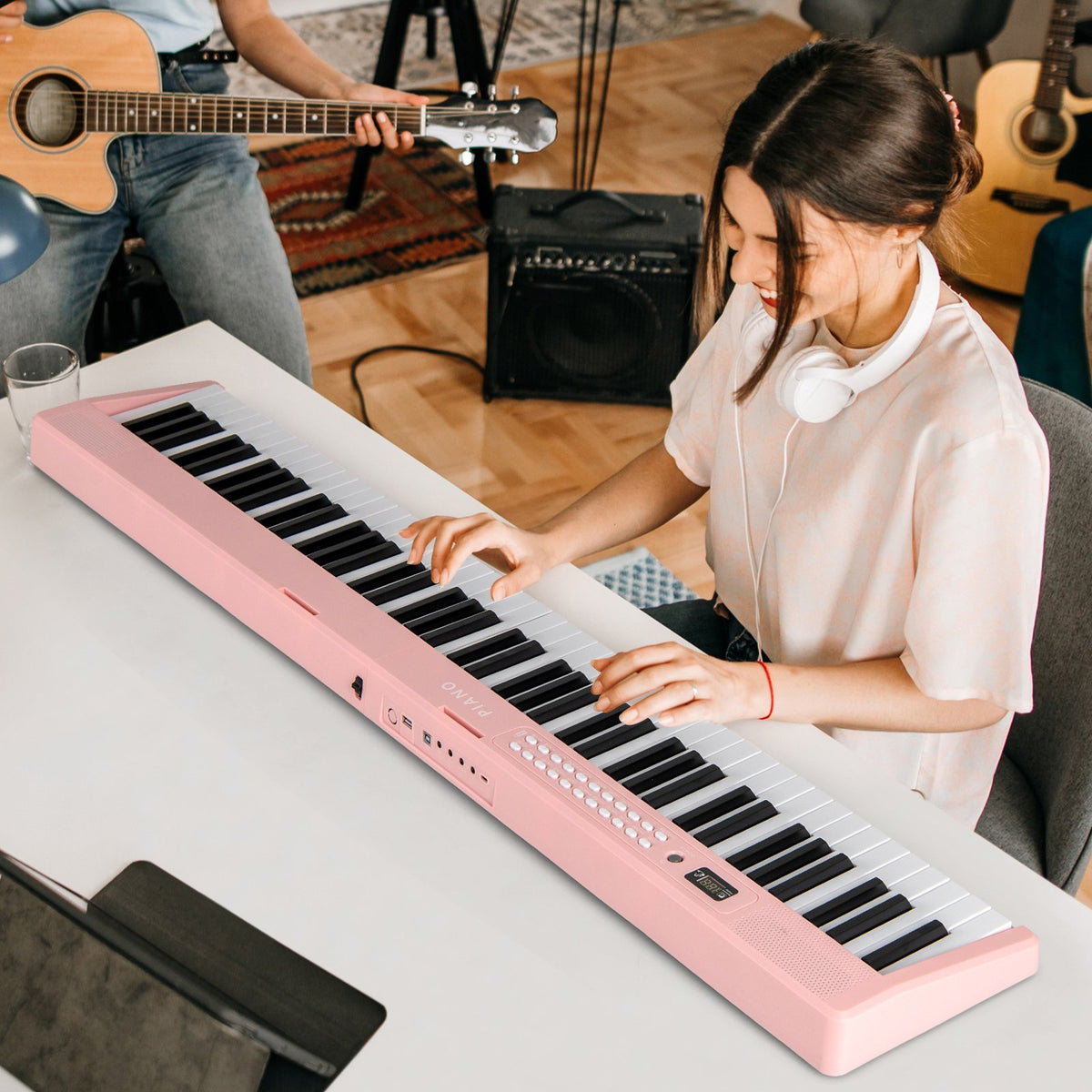 88 Key Foldable Electric Keyboard Piano with Wireless MIDI and Dual Speakers-Pink view 2