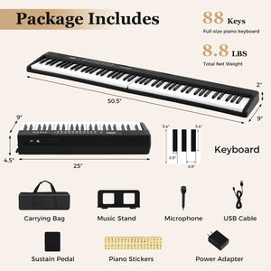 88 Key Foldable Piano Keyboard Portable Semi Weighted Electric Piano-Black view 3