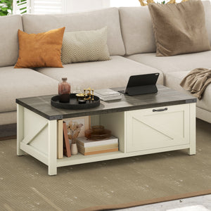 Farmhouse Coffee Table with Drawer, Open Storage Shelf for Living Room, Dining Room, Office, Distressed White