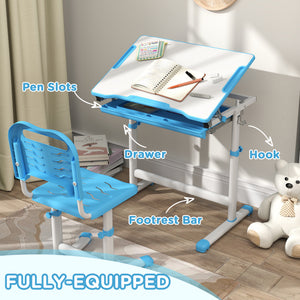 Qaba Height Adjustable Study Table and Chair Set with Drawer, Pen Slot, Tiltable Desktop, Hook
