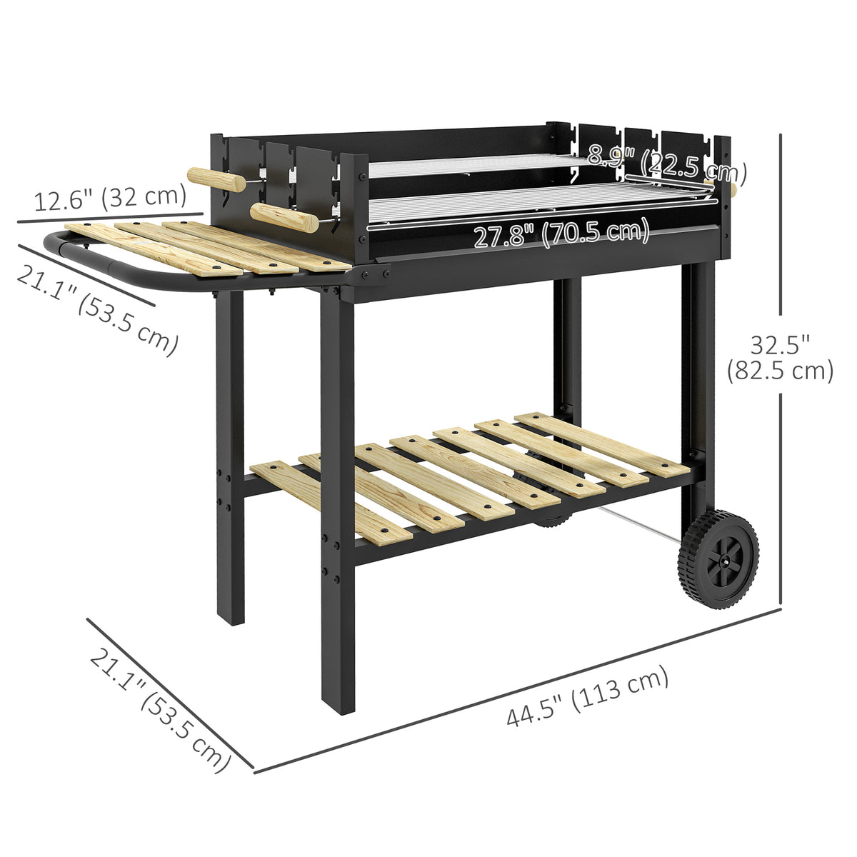 Charcoal Grill,Barbecue Trolley with Double Adjustable Grill, Side Table, Storage Shelf and Wheels, Black