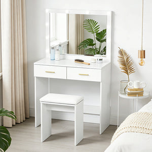 Makeup Vanity Desk Set with Stool, Dressing Table with LED Lighting Mirror, Drawers, for Bedroom, White
