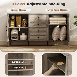 59" Buffet Cabinet, Farmhouse Sideboard with Thick Top, 2 Barn Doors, 4 Drawers and 2 Adjustable Shelves, Grey