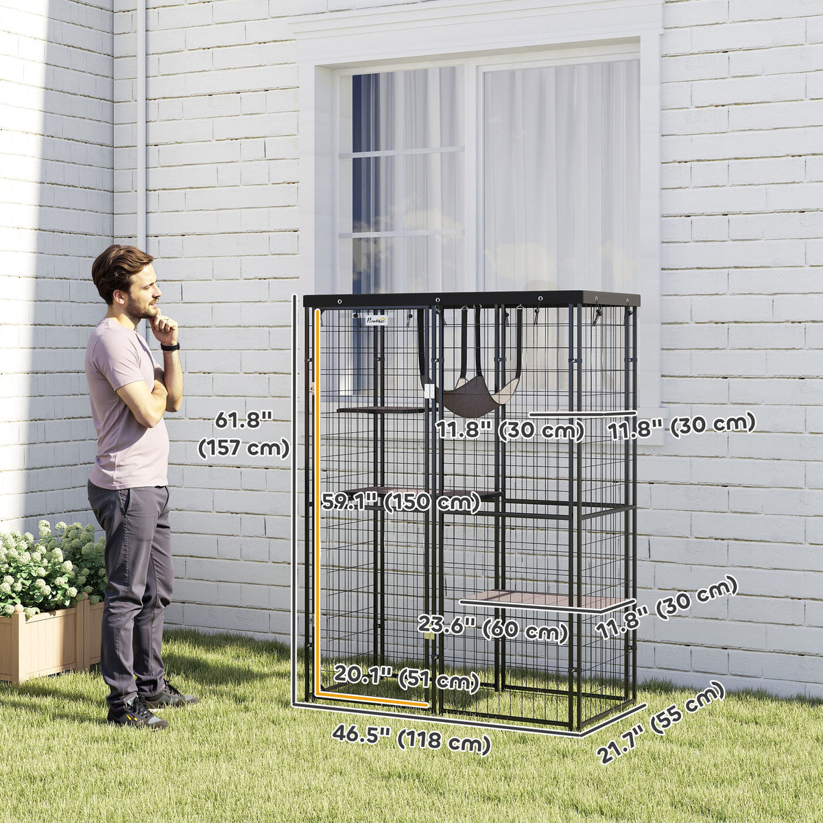 Metal Cat Cage with Waterproof Cover, 4 Platforms, Hammock, Washable Cushions for 1-3 Kittens, 46.5" x 22" x 62", Black