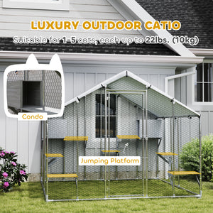 94.5" Extra Large Metal Outdoor Catio with Waterproof Cover, 2 Resting Boxes, 7 Platforms, for Multiple Rabbits, Chicken
