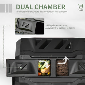 43 Gallon (160L) Tumbling Compost Bin Outdoor Dual Chamber 360° Rotating Composter with Sliding Doors – view 3