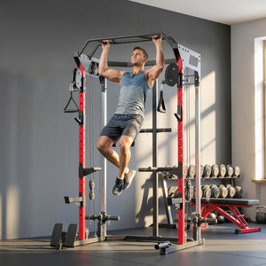 Soozier Power Cage, Power Rack with Adjustable Cable Pulley System, Pull-Up Bar, Dip Station, Landmine