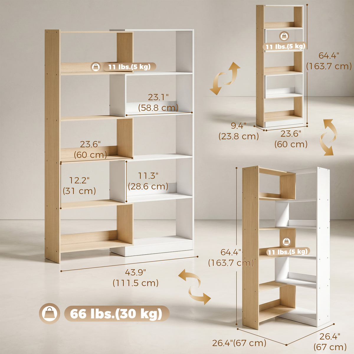 Corner Bookshelf, 5-Tier L-Shaped Bookcase with 350° Rotating Design, Two-Tone Design, Fruitwood/White