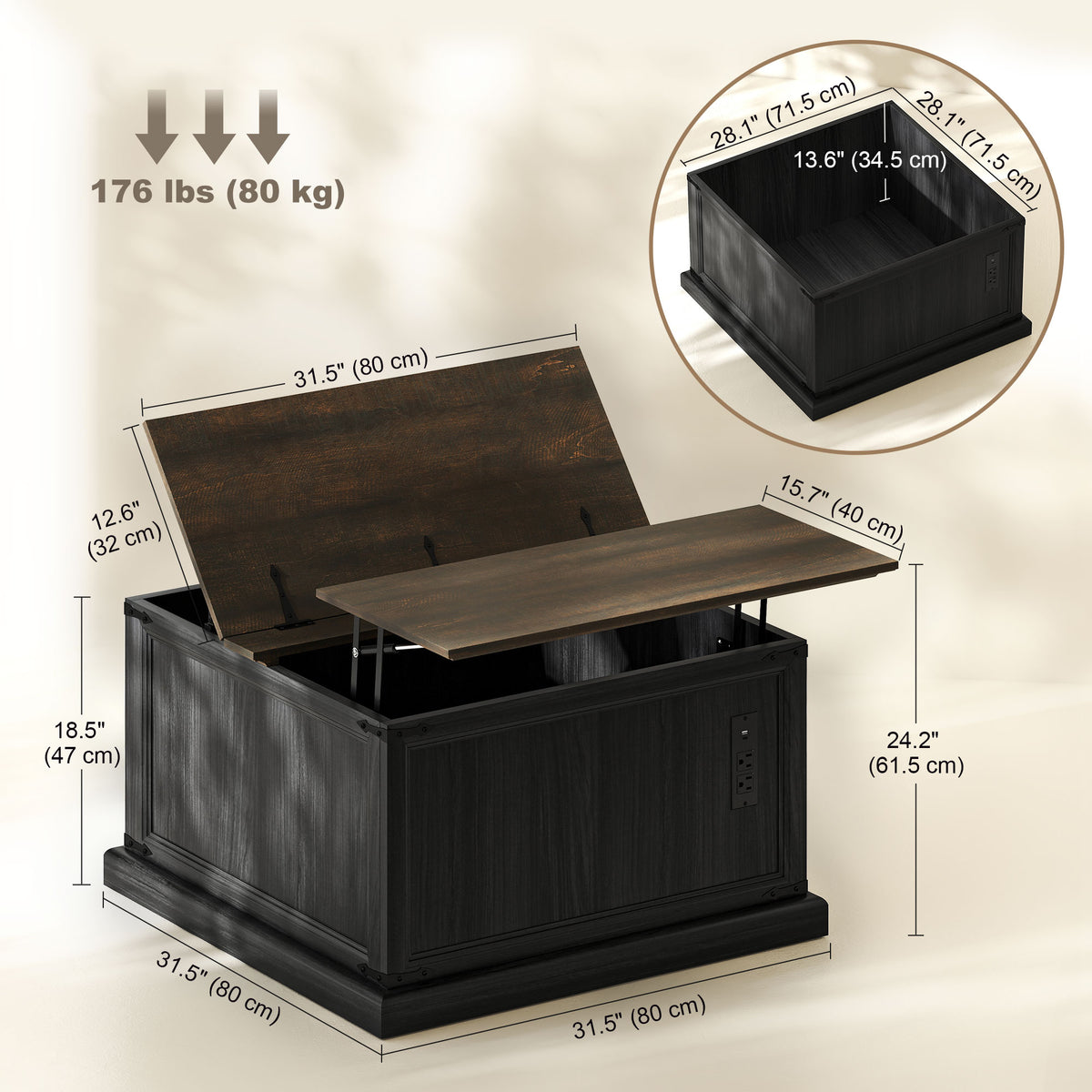 Lift Top Coffee Table with Charging Station, Square Farmhouse Center Table with Hidden Storage, Black Wood Grain