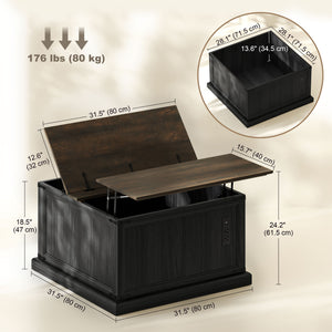 Lift Top Coffee Table with Charging Station, Square Farmhouse Center Table with Hidden Storage, Black Wood Grain