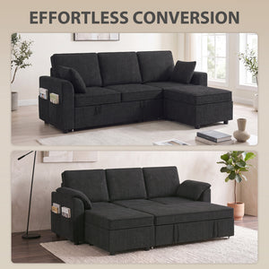 Sectional Sofa Bed Reversible Pull Out Sleeper Sofa Storage Ottoman, Black
