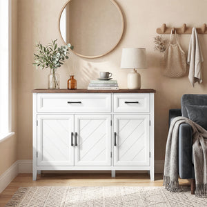Sideboard Buffet Cabinet, 44" Farmhouse Kitchen Cabinet with 3 Chevron Doors, 2 Drawers and 2 Adjustable Shelves, White