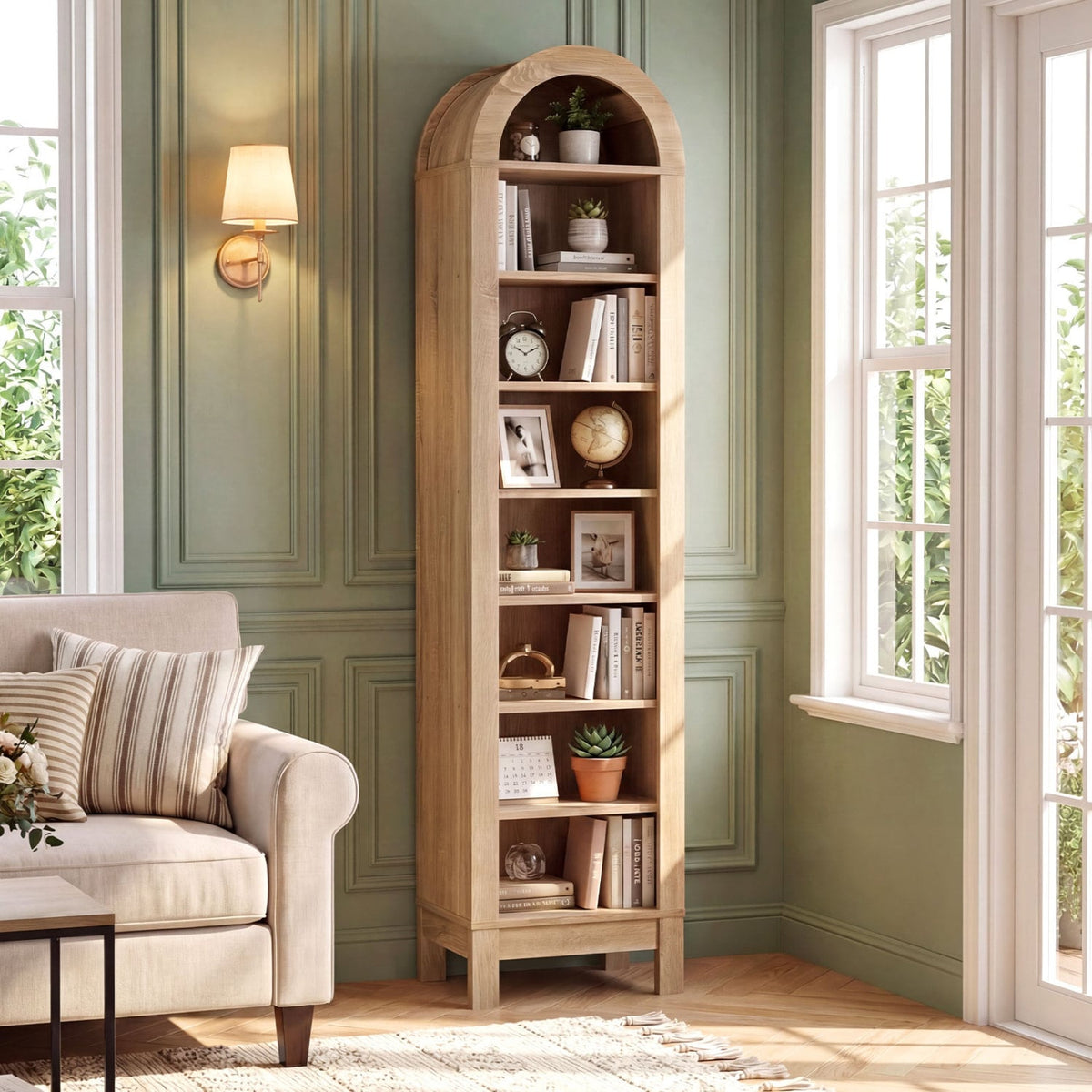 8-Tier Modern Arch Bookshelf with 3 Adjustable Shelves-Natural view 2